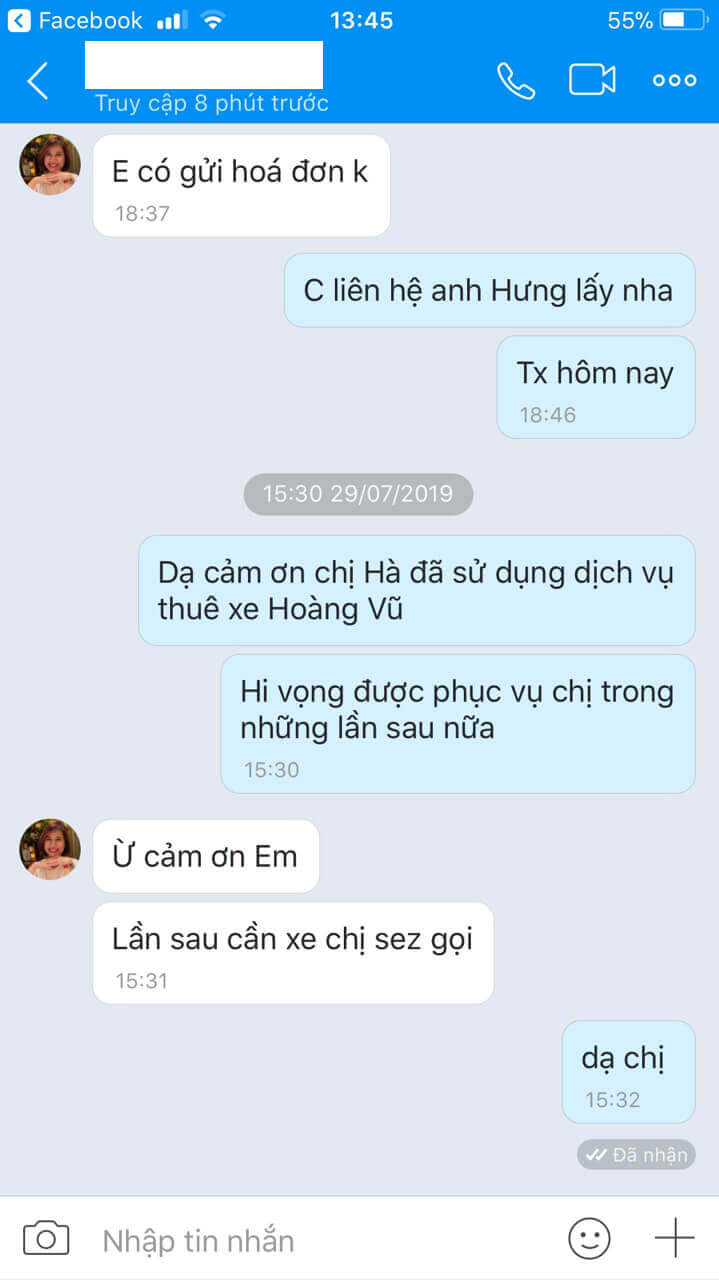 Nhận xét của chị Hà về dịch vụ cho thuê xe Hoàng Vũ